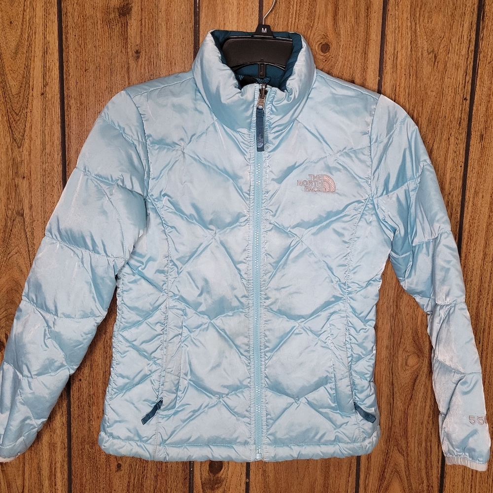 The North Face 550 Down Blue Shimmer puffer coat/jacket girls size 10/12 pockets